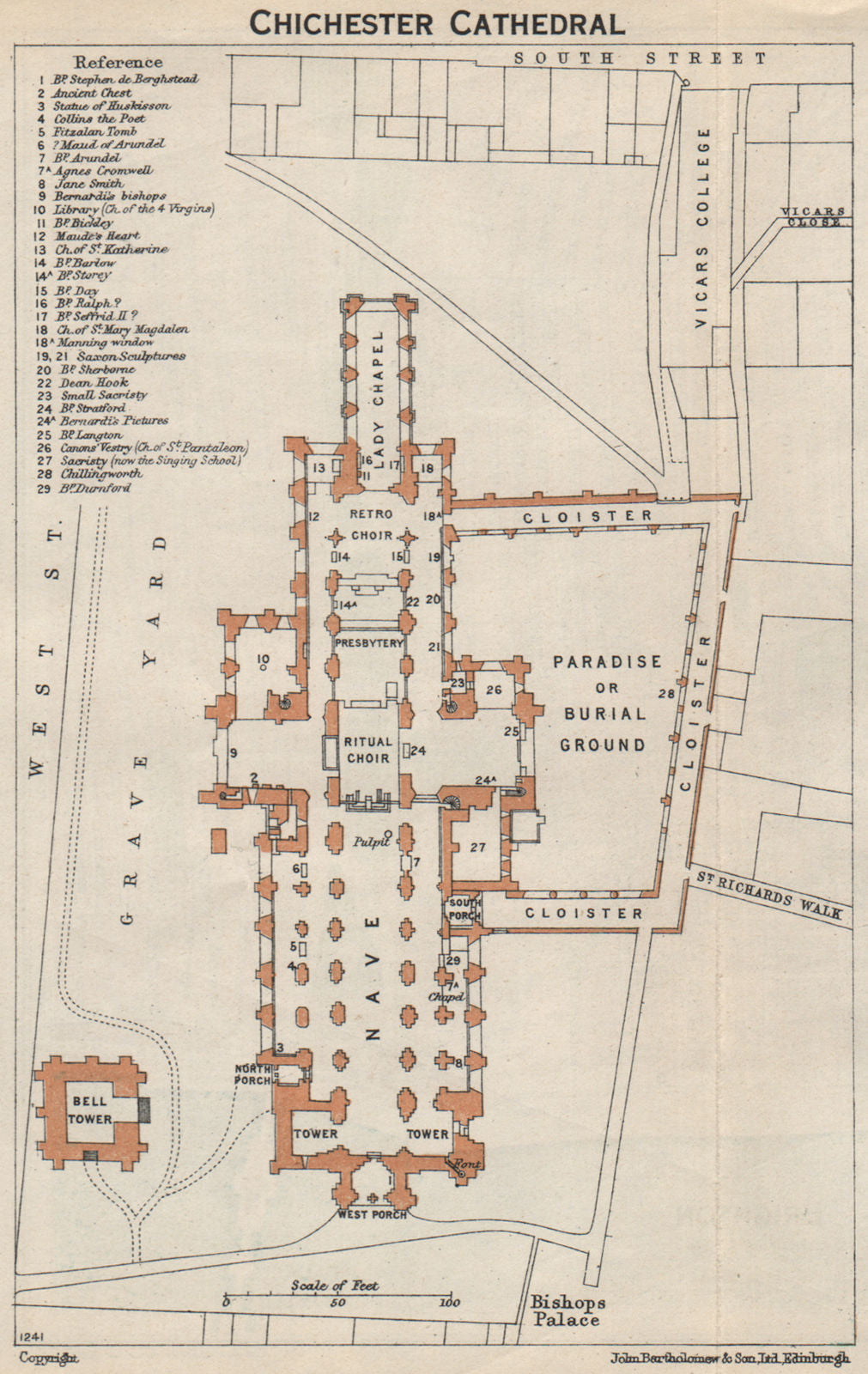 CHICHESTER cathedral vintage floor plan. Sussex 1957 old vintage map chart